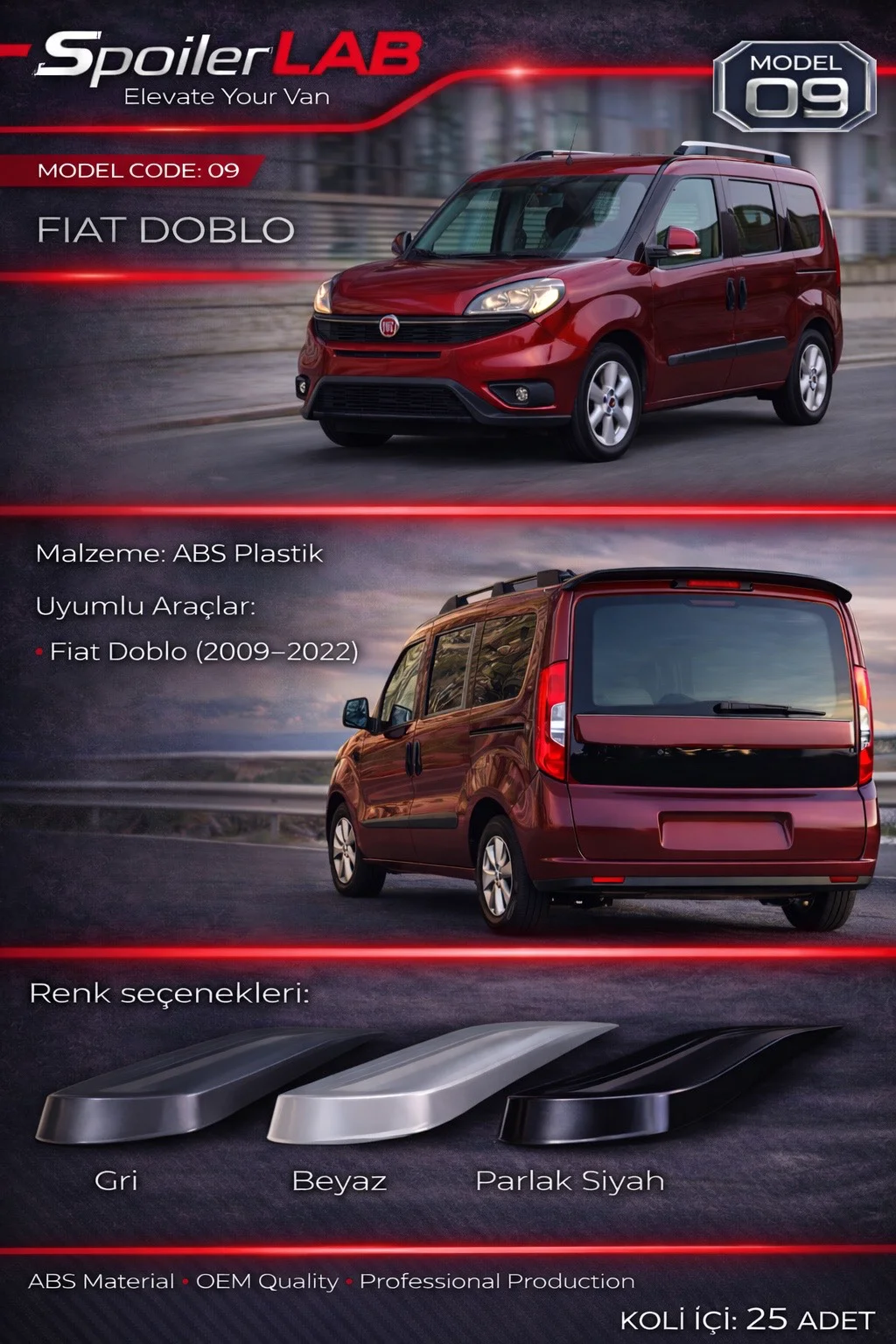 SPOİLER ABS PİANO BLACK NO:9  DOBLO 2 10-22 / COMBO 10-18